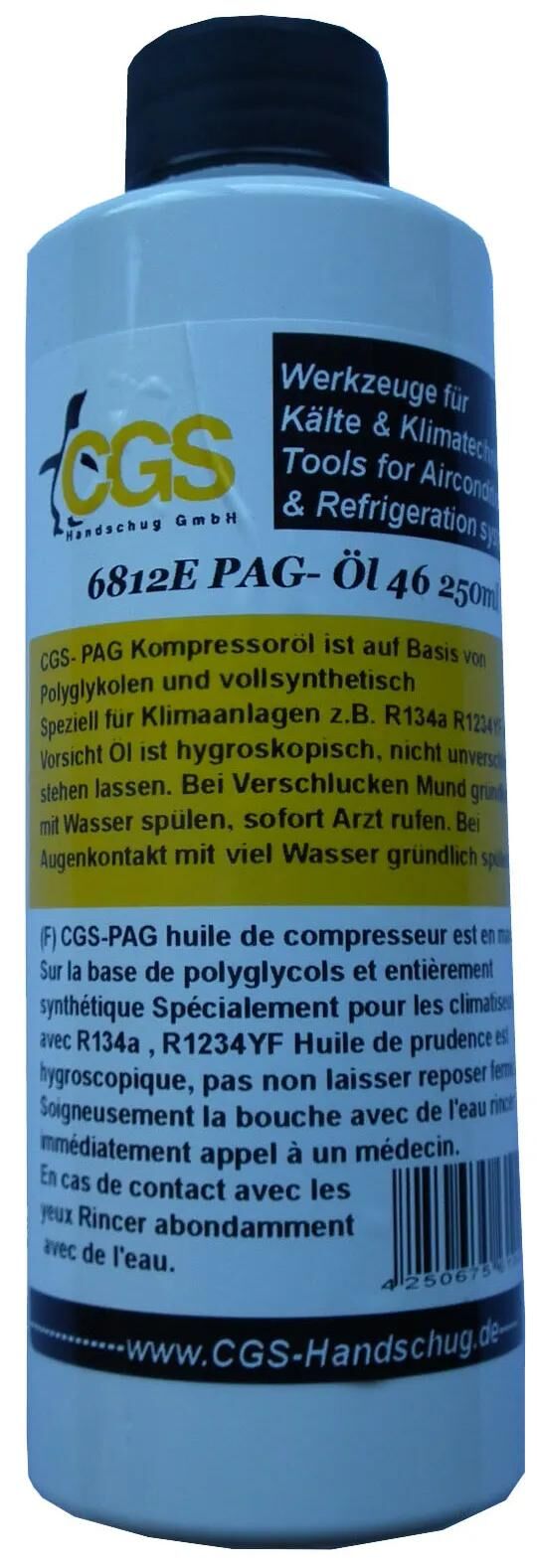 Huile de compresseur de climatisation CGS. page huile 250ml iso46