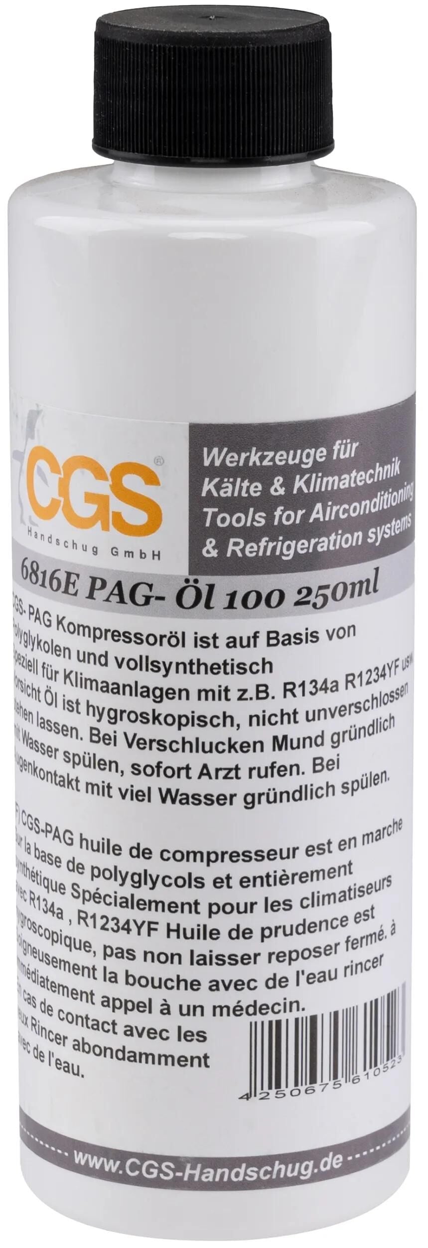 Huile de compresseur de climatisation CGS. page huile 250ml iso100