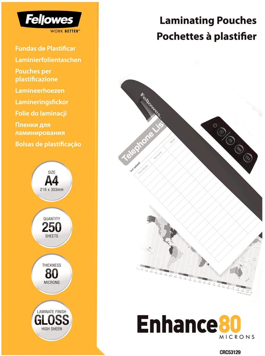 Fellowes pochettes de plastification a4 80 microns brillant pack économique 250 pièces
