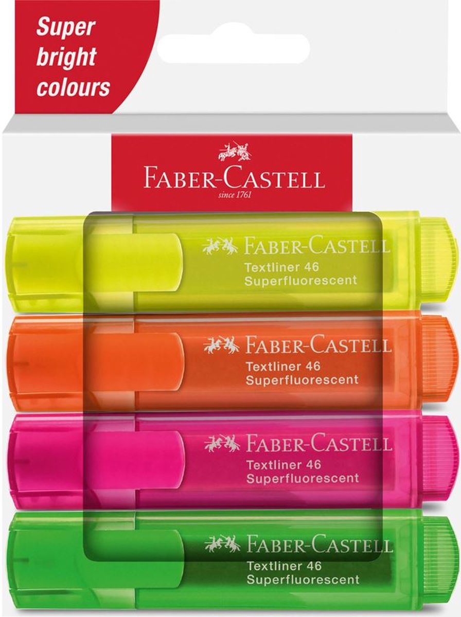 Faber-castell surligneur faber castell 46 4 pièces jaune - orange - vert - rose dans un étui en carton