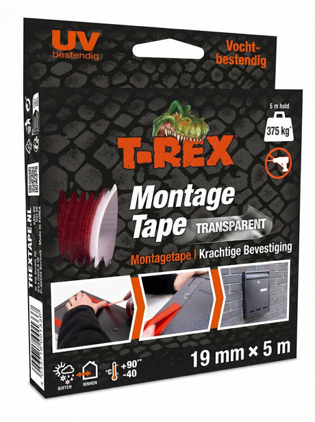 Ruban de montage T-rex - ruban adhésif double face extra résistant pour montage intérieur et extérieur - fixation permanente sans perçage ni vissage - capacité de charge jusqu'à 375 kg - 19 mm x 5 m