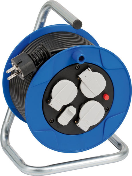 Brennerstuhl garantit enrouleur de câble compact à 3 voies avec USB pour une utilisation en intérieur (enrouleur de câble d'intérieur avec fonction de chargement USB et câble de 15 m, fabriqué en Allemagne) bleu