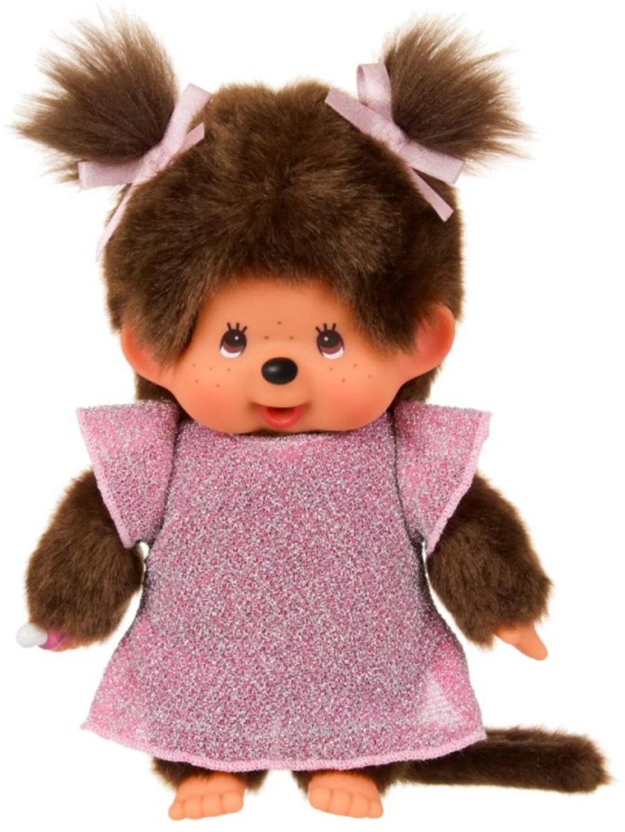 Poupée Monchhichi fille en robe rose à paillettes - 20 cm