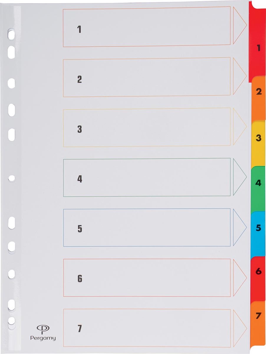 Onglets Pergamy avec feuille d'index, pi a4, perforation 11 trous, couleurs assorties, jeu 1-7