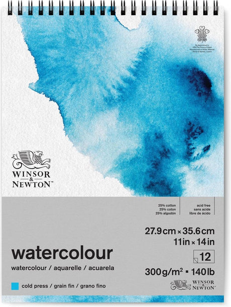 Winsor Newton 6662583 bloc aquarelle bloc spirale – 300g m², 12 feuilles, pressées à froid, grain fin - papier aquarelle 27,9 x 35,6 cm