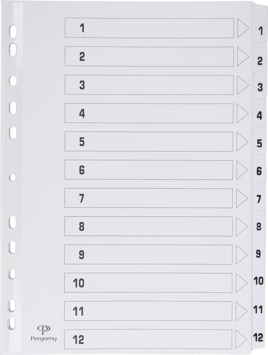 Onglets Pergamy avec feuille d'index, ft a4, perforation 11 trous, carton, jeu 1-12
