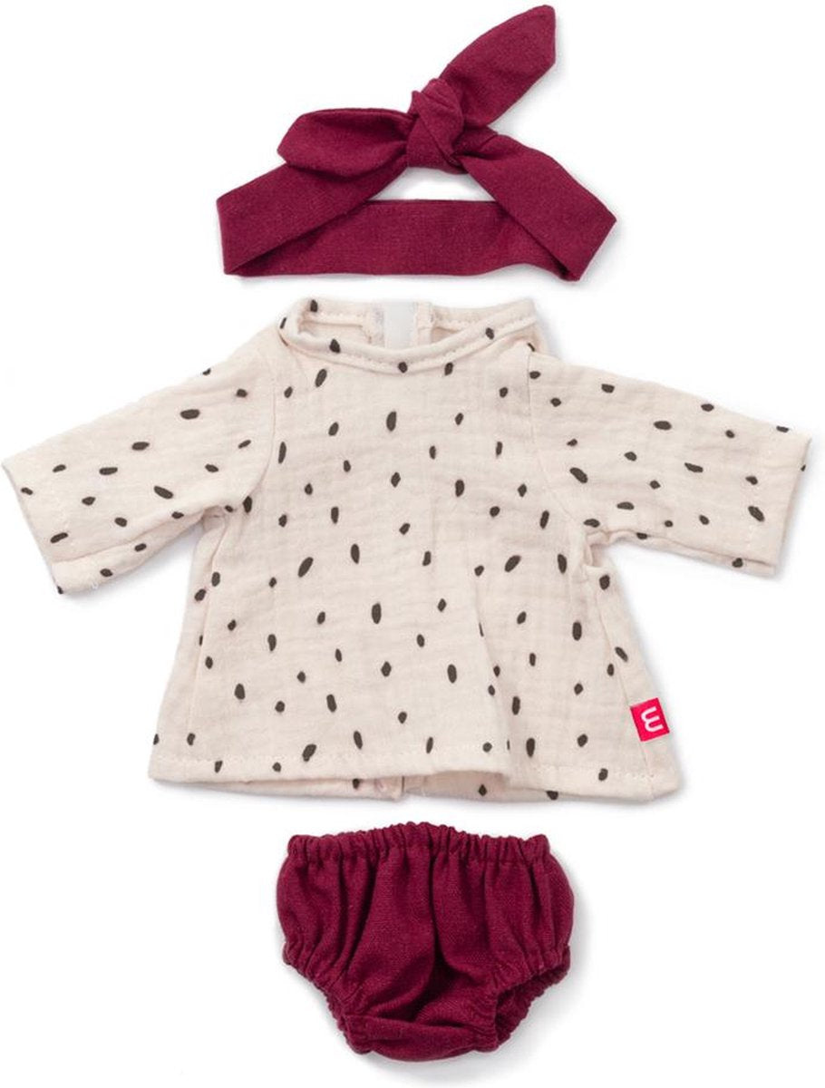 Poupées Miniland ml : ensemble de vêtements blanc bordeaux pour fille 38cm, 3 pièces, robe, pantalon et ruban pour cheveux, avec cintre, 3+