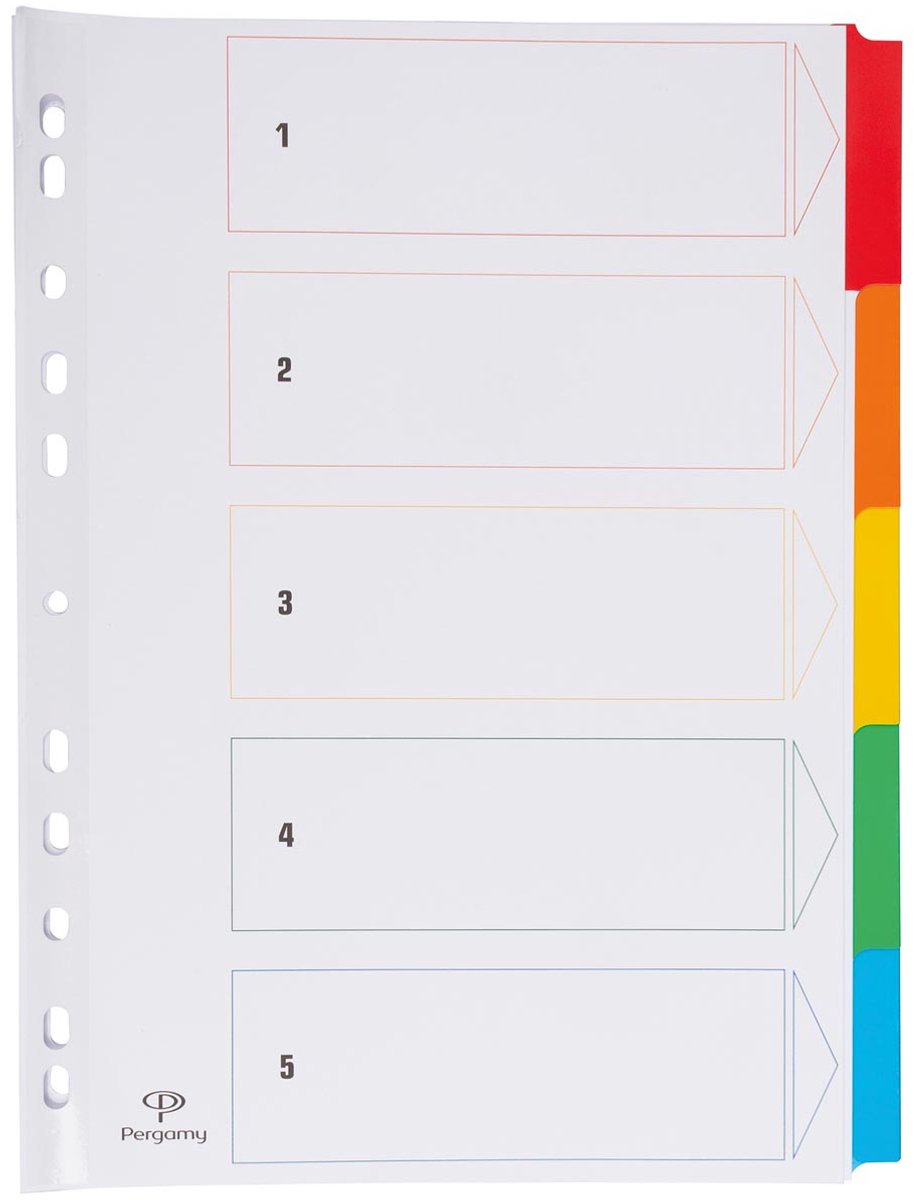 Onglets Pergamy avec feuille d'index | pi a4 | Perforation 11 trous | couleurs assorties | 5 onglets