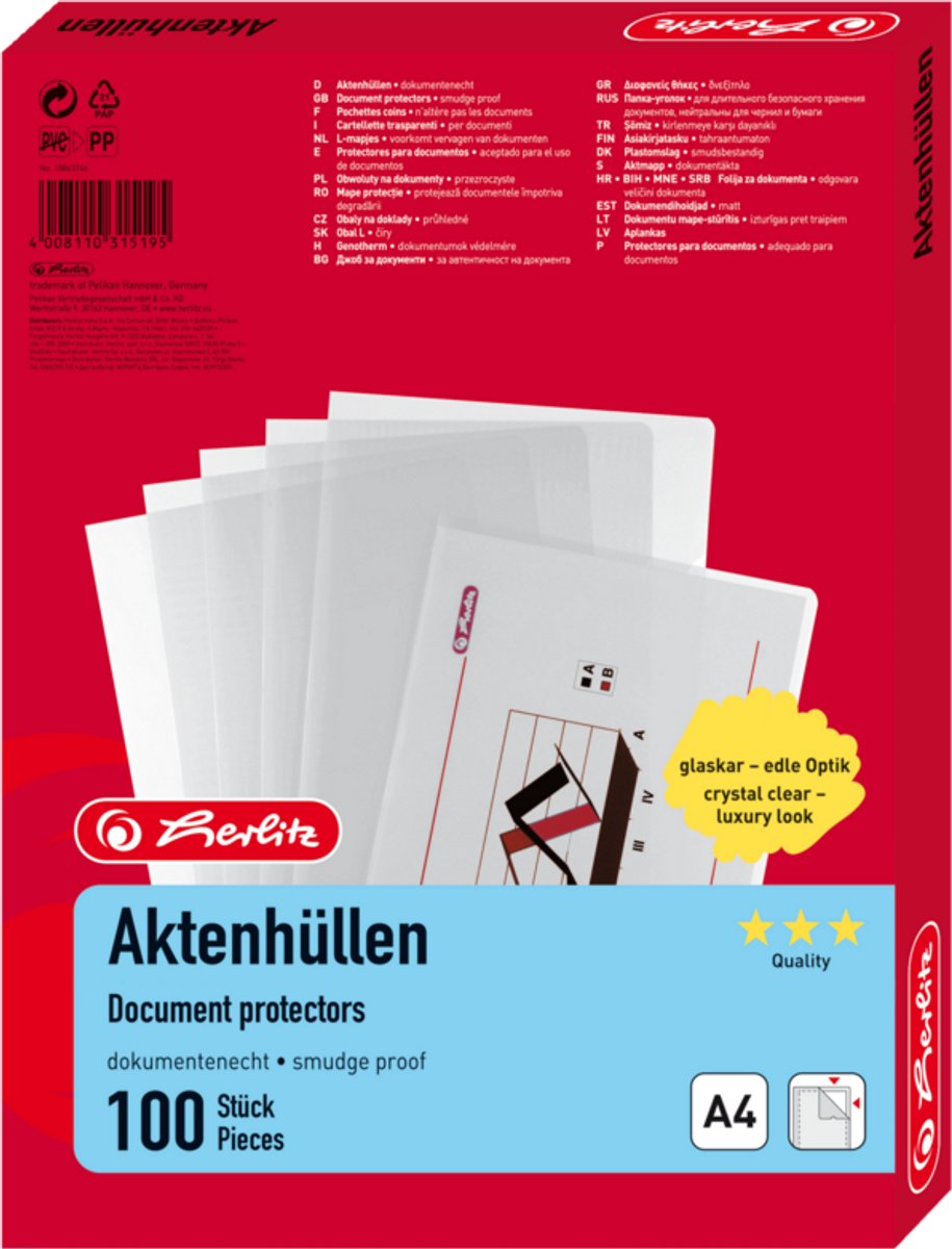 Protège-classeurs Herlitz - a4 - transparent - 100 pcs.