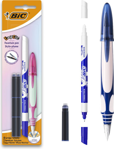Stylo plume ergonomique Bic easy clic - rose ou bleu - droitier ou gaucher - 1 stylo plume avec gomme à encre et 6 cartouches d'encre