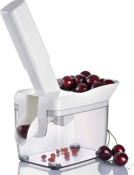 Dépileur de cerises Westmark avec entonnoir, boîte à noyaux et livret de recettes, hauteur : 30 cm, plastique inox, kernfix, blanc gris foncé transparent, 40352260