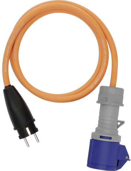 Câble adaptateur de camping Brennerstuhl avec fiche de terre et couplage CEE avec indicateur de tension LED (câble de 1,5 m en orange, H07RN-F 3G2.5, 230 V 16 A, utilisation permanente en extérieur IP44, fabriqué en Allemagne)