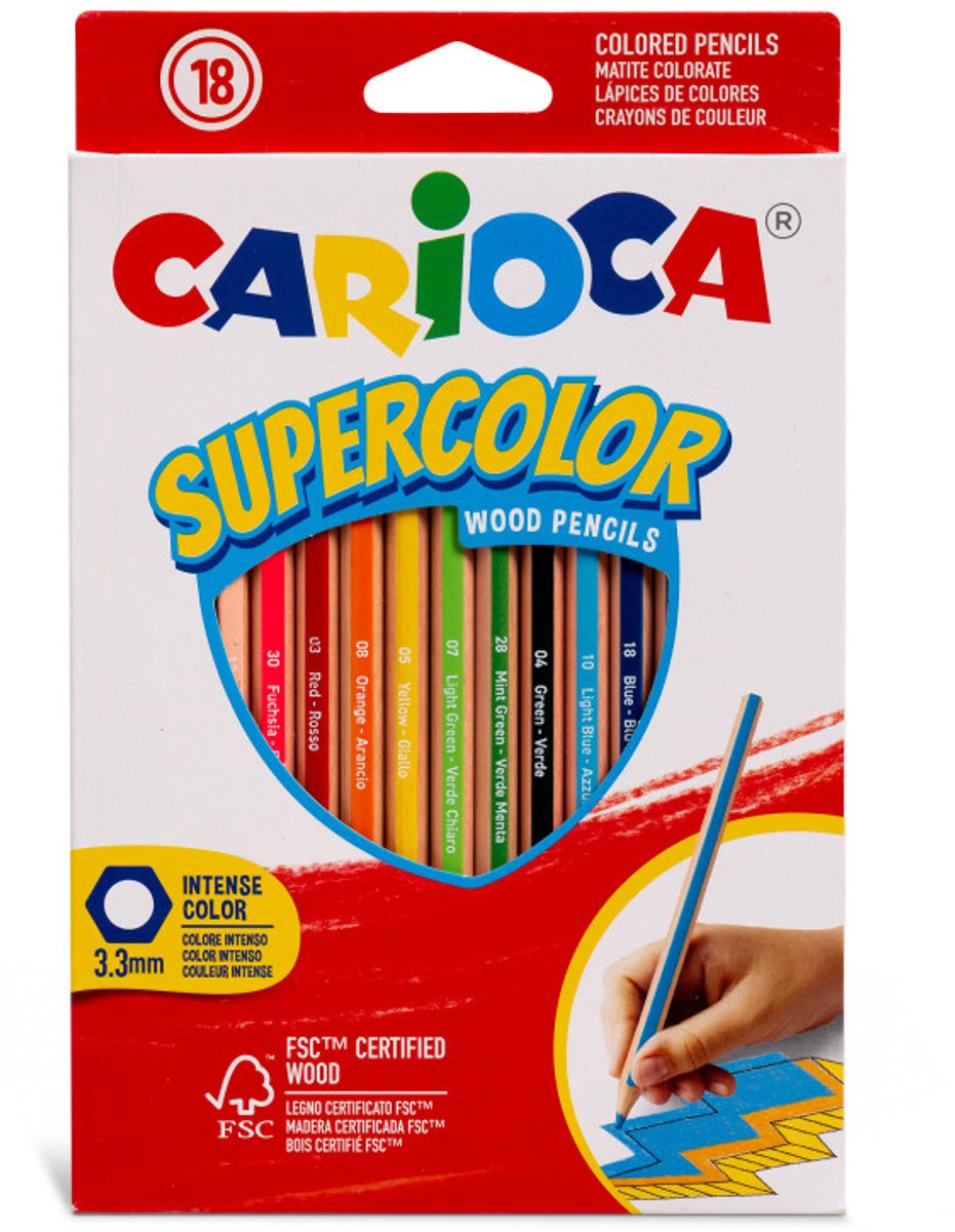 Crayons de couleur Carioca supercolor - 18 couleurs vives - hexagonaux - crayons de couleur en bois - noyau solide - faciles à tailler
