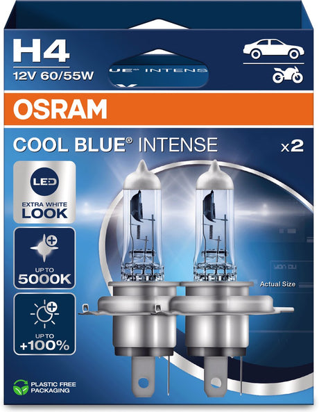 Lampes halogènes pour voiture Osram cool blue intense next gen h4 - lumière plus blanche et jusqu'à 100 % de visibilité en plus - qualité allemande - lot de 2 lampes - 64193cbn-2hb