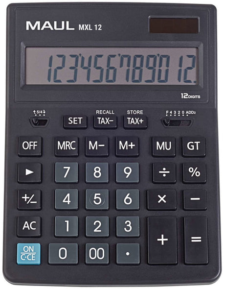 Maul calculatrice de bureau mxl 12 écran LCD 1 ligne, 12 chiffres batterie solaire 20,5 x 15,5 x 3,5 cm noir