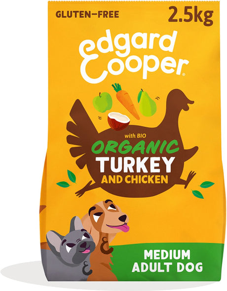 Edgard Cooper Croquettes pour chiens adultes de taille moyenne, poulet à la dinde bio 2,5 kg, recette bio à base de viande fraîche pleine de protéines, avec des ingrédients naturels
