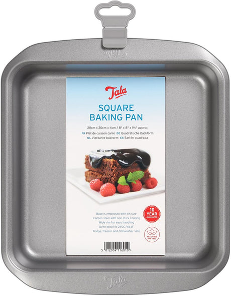Tala Everyday – moule carré – 20 x 20 cm – acier au carbone – avec revêtement antiadhésif – larges poignées empilables – pour brownies, gâteaux lasagnes – dimensions extérieures 25 x 25 cm
