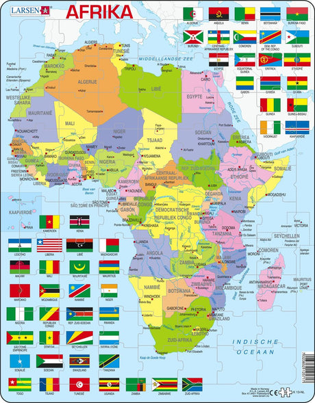 Larsen Afrique avec drapeaux – puzzle – cartes géographie – drapeaux Afrique – puzzle éducatif pour enfants – 70 pièces – fabriqué en Norvège – pièces extra épaisses de 2,5 mm – plateau avec bord fixe