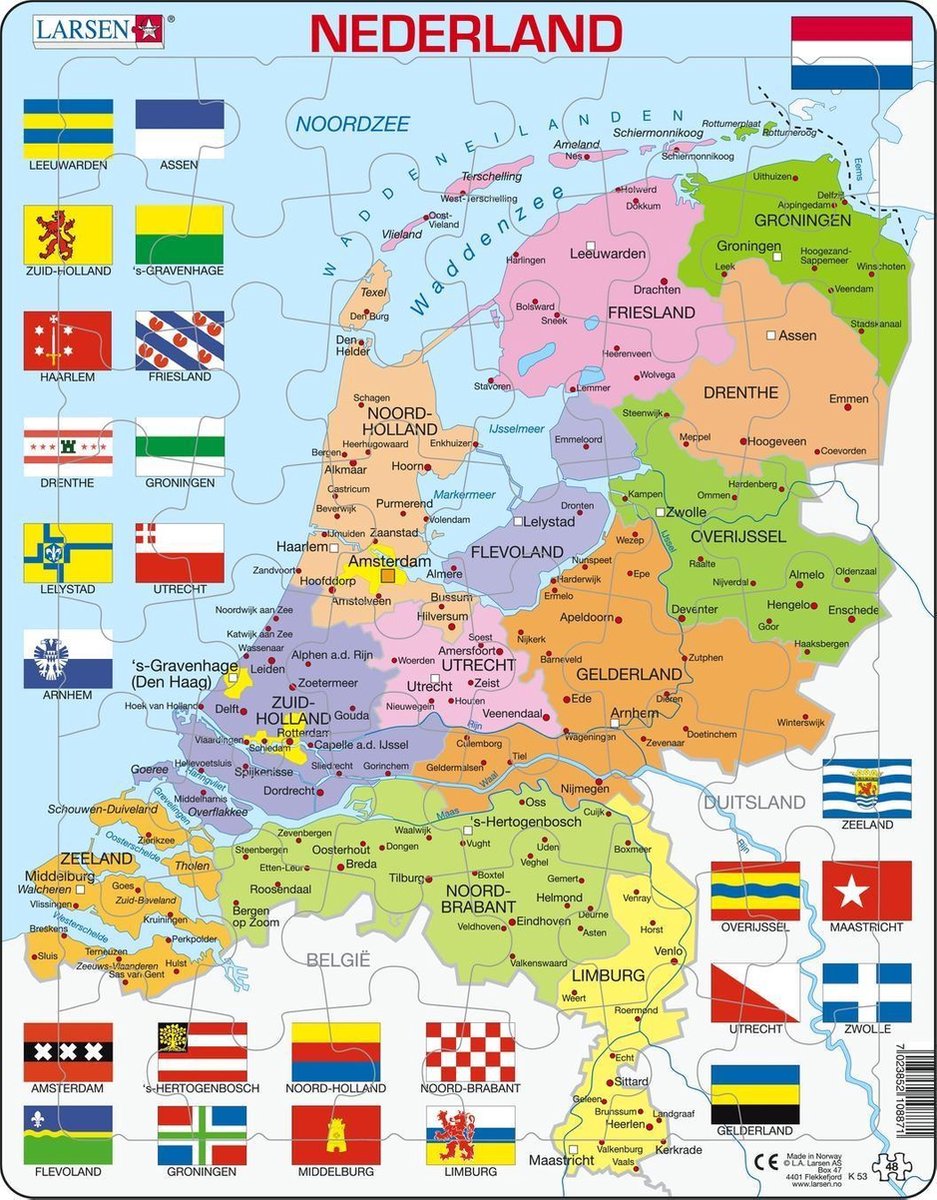 Carte puzzle Selecta Larsen des Pays-Bas avec provinces et drapeaux, 48 ​​pièces.