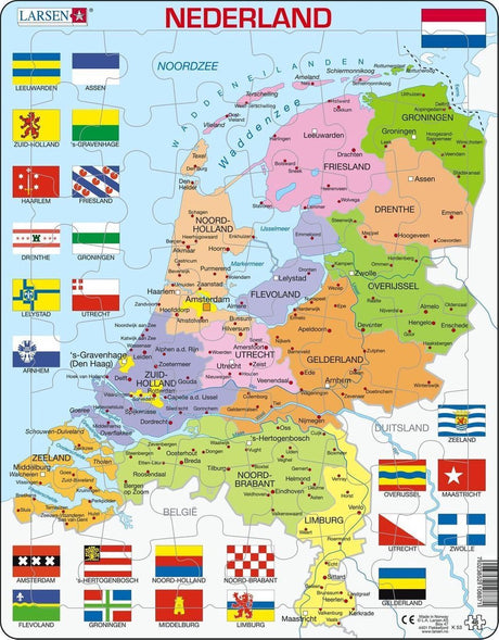 Carte puzzle Selecta Larsen des Pays-Bas avec provinces et drapeaux, 48 ​​pièces.
