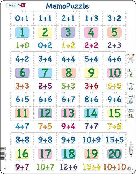 Puzzle mémo Selecta Larsen - addition avec des nombres de 0 à 20, 40 pcs.