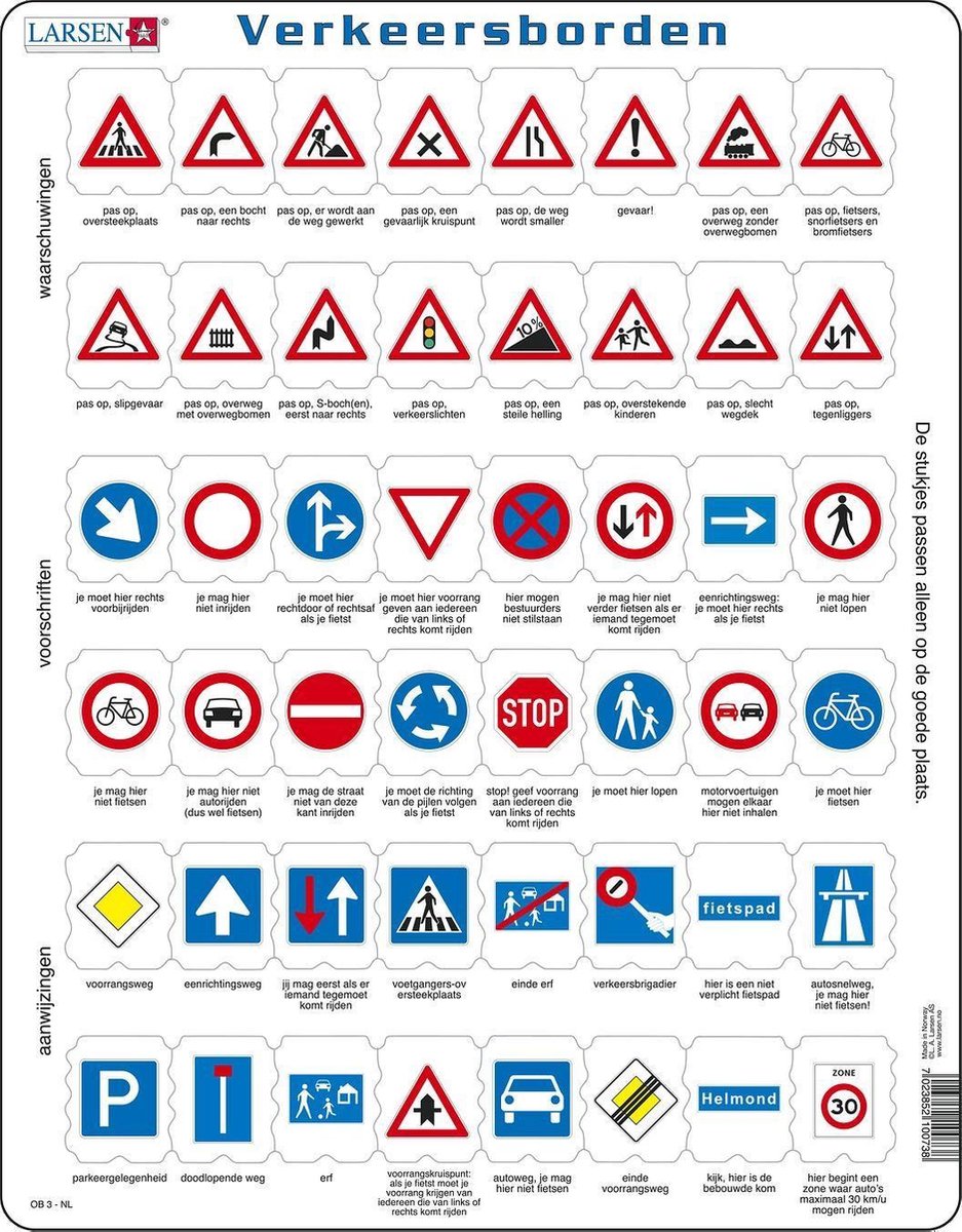 Panneaux de signalisation Larsen – Puzzle – Technologie automobile – Circulation – Puzzle éducatif pour enfants – 48 pièces – Fabriqué en Norvège – Pièces extra épaisses de 2,5 mm – Plateau avec bord fixe
