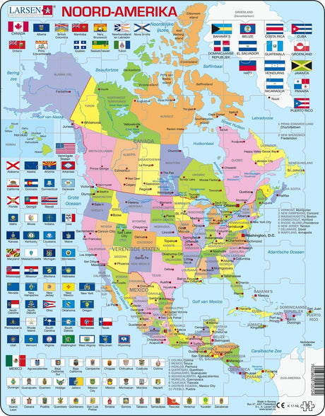 Carte puzzle Selecta Larsen de l'Amérique du Nord avec États et drapeaux, 70 pcs.