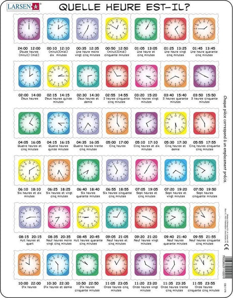 Larsen apprendre l'heure – puzzle – montre – lecture de l'heure – puzzle éducatif pour enfants – 42 pièces – fabriqué en norvège – pièces extra épaisses de 2.5 mm – plateau avec bord fixe