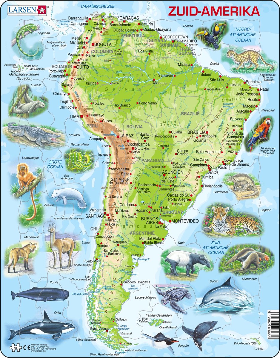 Selecta Larsen puzzle carte du Sud, Amérique géographiquement avec animaux, 65 pcs.