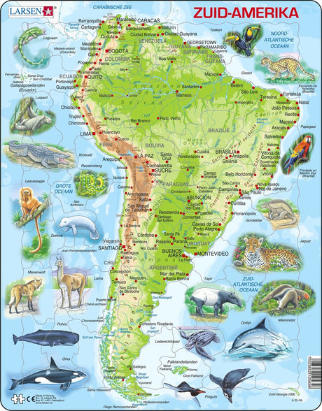 Selecta Larsen puzzle carte du Sud, Amérique géographiquement avec animaux, 65 pcs.