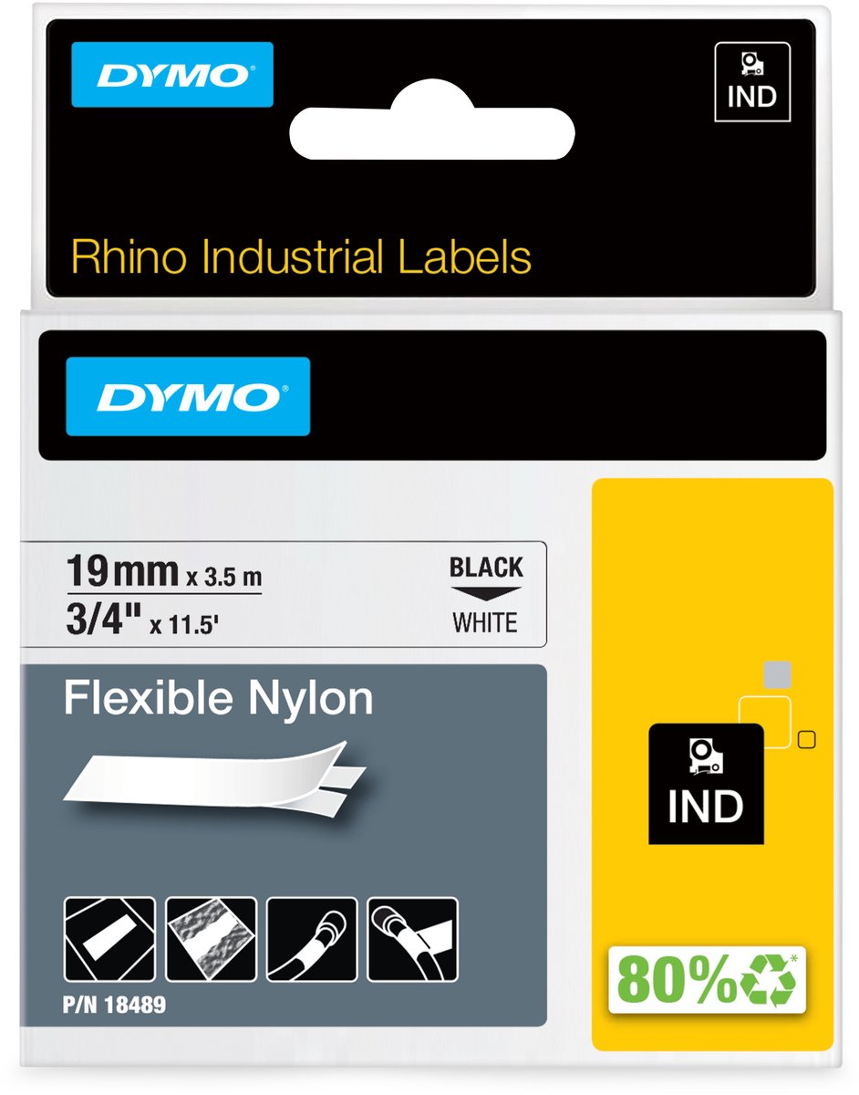 Dymo rhino industriële flexibele nylon labels | 19 mm x 3,5 m | zwarte afdruk op wit | zelfklevende labels voor rhino labelmanager labelprinters