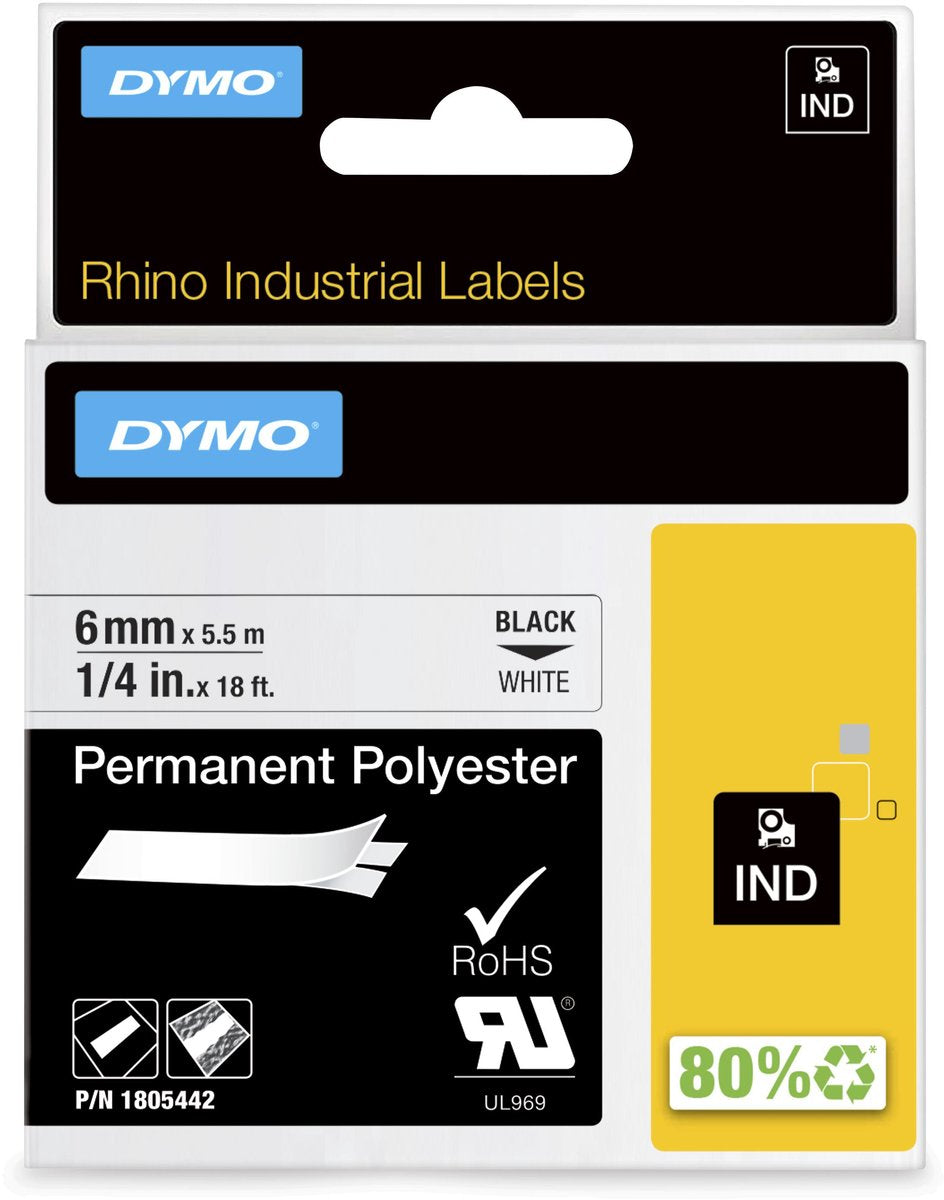 Étiquettes industrielles Dymo rhino | polyester permanent | 6 mm x 3,5 m | impression noire sur blanc | étiquettes autocollantes pour imprimantes d'étiquettes Rhino Label Manager