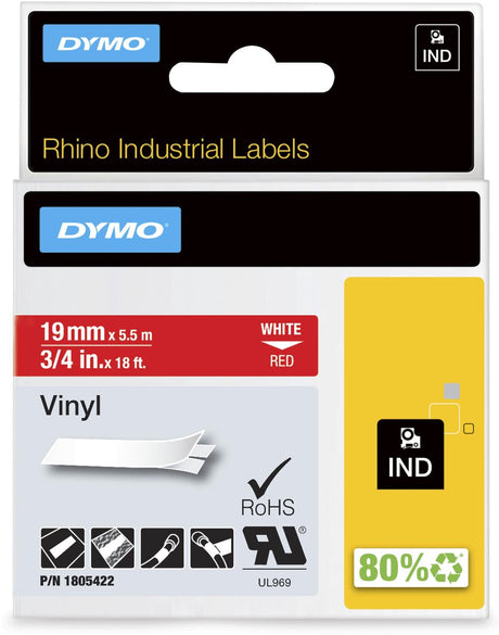 Étiquettes en vinyle industriel Dymo rhino | 19 mm x 5,5 m | impression blanche sur rouge | étiquettes autocollantes pour imprimantes d'étiquettes Rhino Label Manager