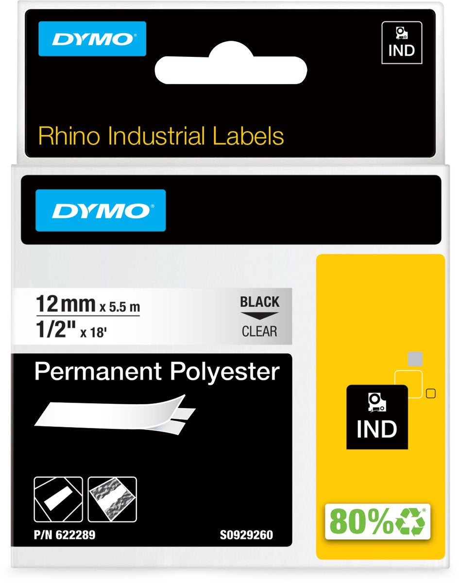 Étiquettes industrielles Dymo rhino | polyester permanent | 12 mm x 3,5 m | impression noire sur transparent | étiquettes autocollantes pour imprimantes d'étiquettes Rhino Label Manager