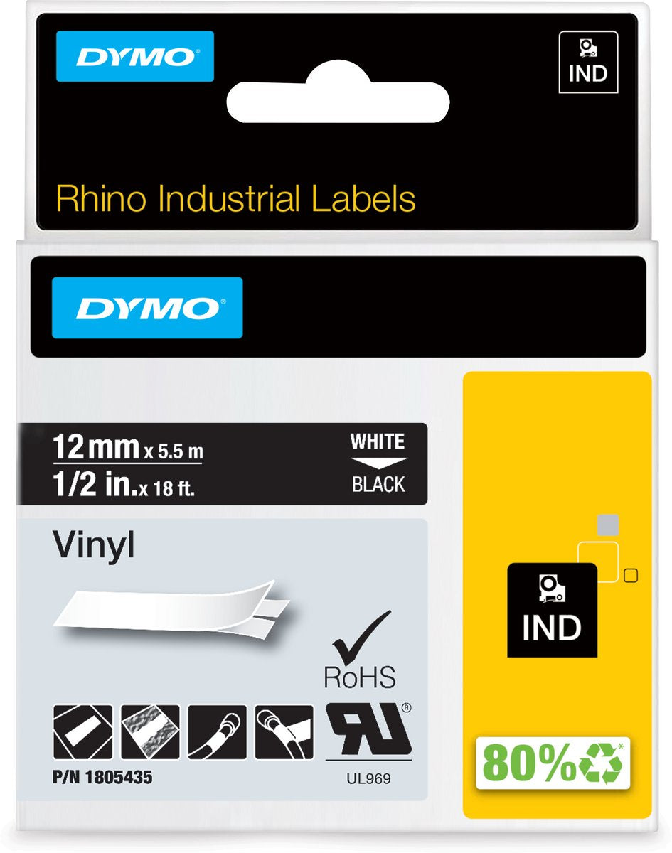 Étiquettes en vinyle industriel Dymo rhino | 12 mm x 5,5 m | impression blanche sur noir | étiquettes autocollantes pour imprimantes d'étiquettes Rhino Label Manager