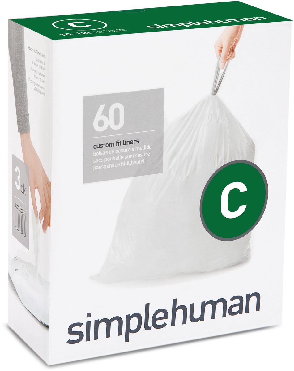 Sacs poubelle Simplehuman code c - 12 litres - 60 pièces - avec cordon de serrage - blanc