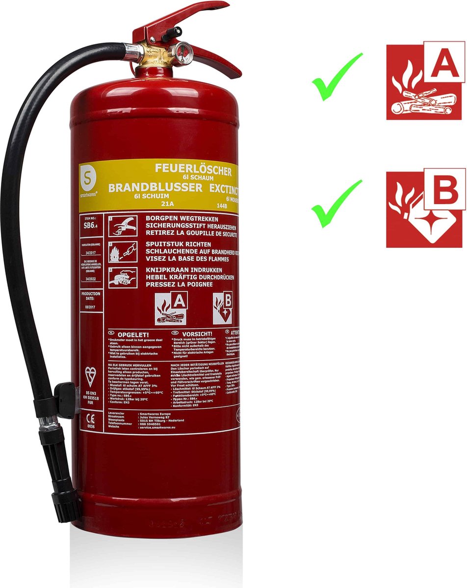 Smartwares 10.015.05 - mousse d'extincteur 6l - avec support de montage - classe de feu AB - certifié BSI