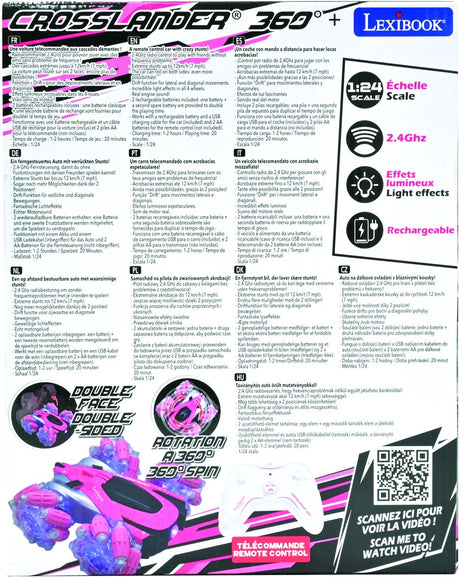 Lexibook crosslander® 360+ - voiture rose cascadeur radiocommandée rechargeable et programmable avec éclairage.