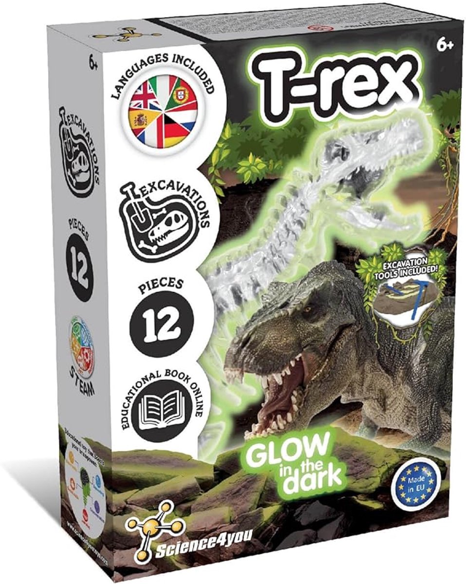 Science 4 you science4you glow in the dark fossil excavation t-rex – kit d'excavation de fossiles de dinosaures – avec marteau burineur – à partir de 6 ans