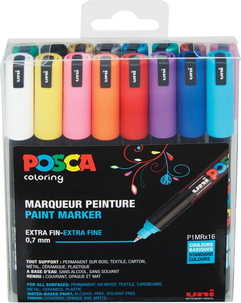 Posca marqueur peinture uni-ball extra fin à base d'eau pc-1mr boîte de 16 pièces couleurs assorties