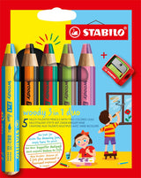 Stabilo woody duo 3 en 1 - crayons de couleur multi talents - étui avec taille-crayon 5 couleurs