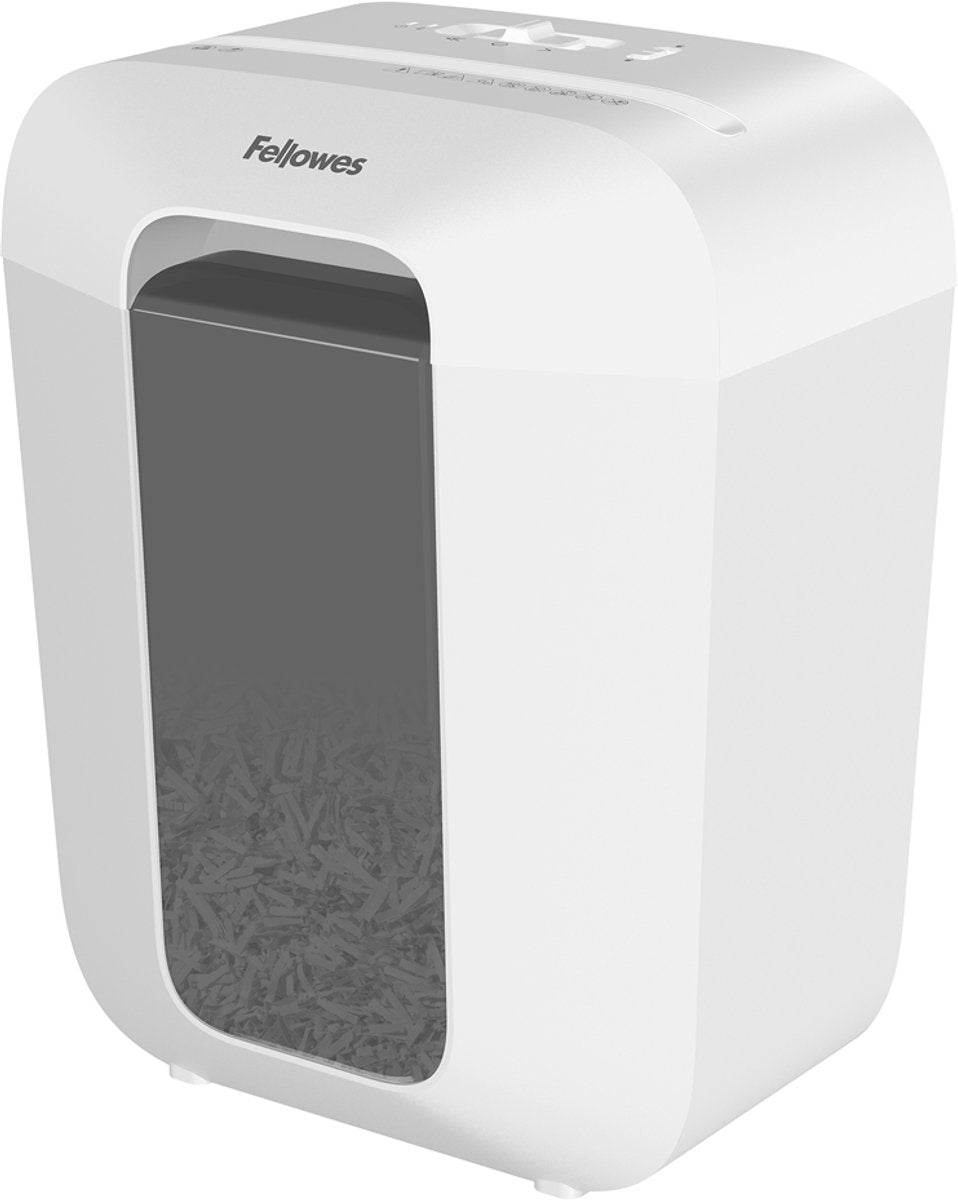 Destructeur de papier Fellowes lx50 - coupe transversale - p4 - 9 feuilles - 17l - blanc - pour le bureau à domicile - également pour cartes de crédit, agrafes et trombones