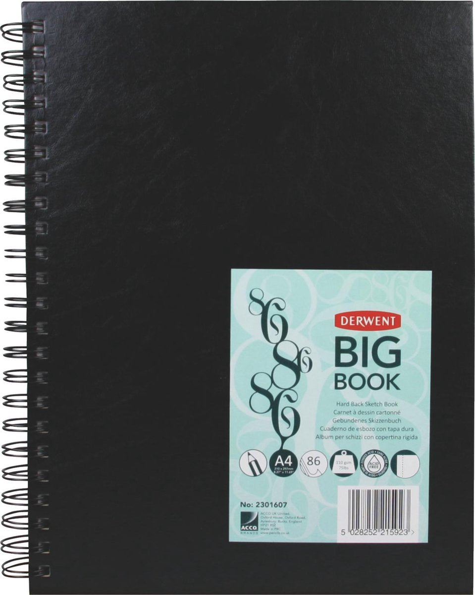 Derwent Carnet de croquis A4 à couverture rigide à spirale pour dessiner et écrire - 86 feuilles - papier sans acide - qualité professionnelle - noir