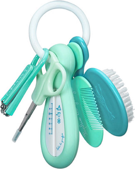 Coffret de soin pour bébé Sophie la girafe - 5 en 1 - thermomètre de bain, ciseaux, coupe-ongles, brosse à cheveux peigne - sur porte-clés pratique - à partir de 0 mois - bleu turquoise