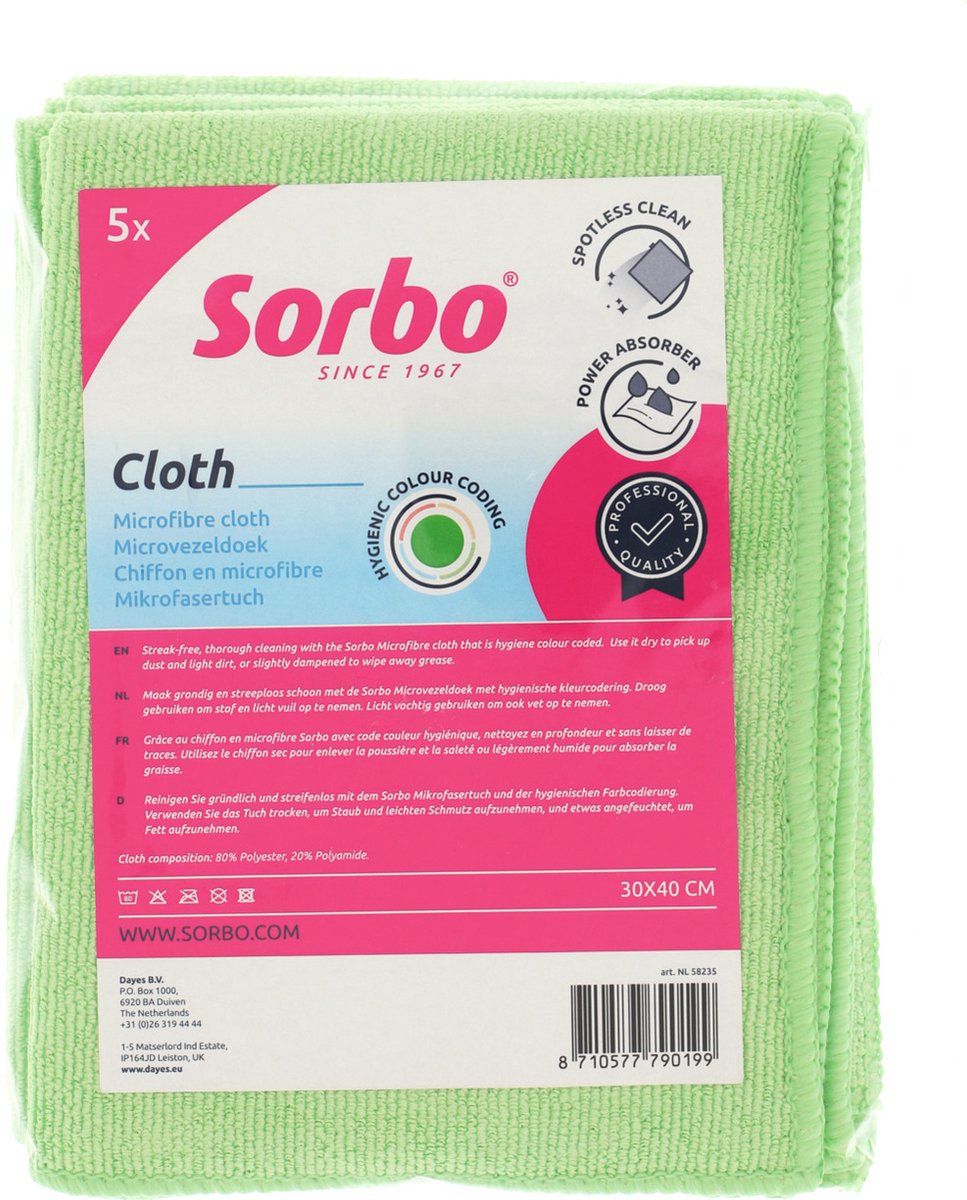 Chiffons en microfibre professionnels Sorbo - vert - 30x40 cm - chiffons de nettoyage - 5 pièces
