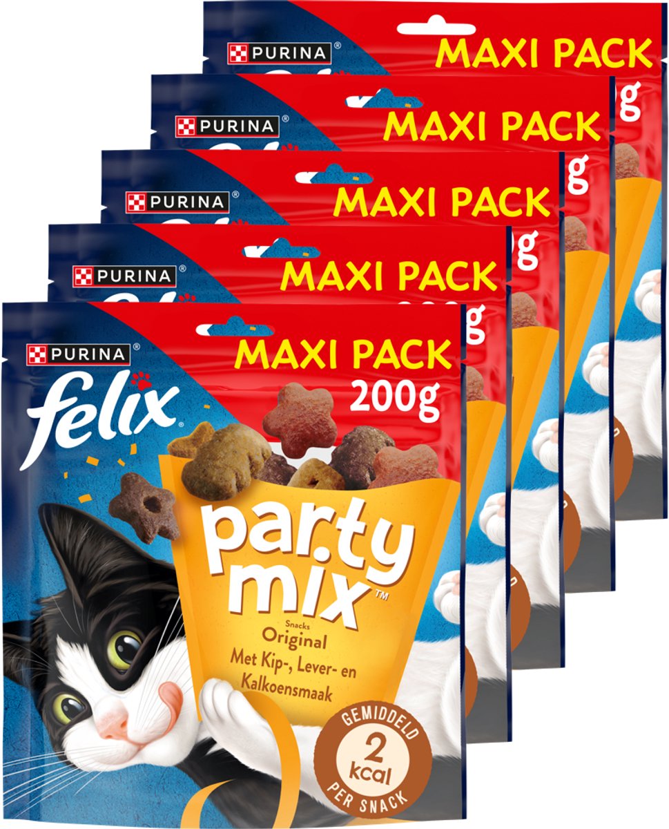 Felix party mix original - snacks pour chats - friandises pour chats - foie de poulet et de dinde - 5 x 200 g