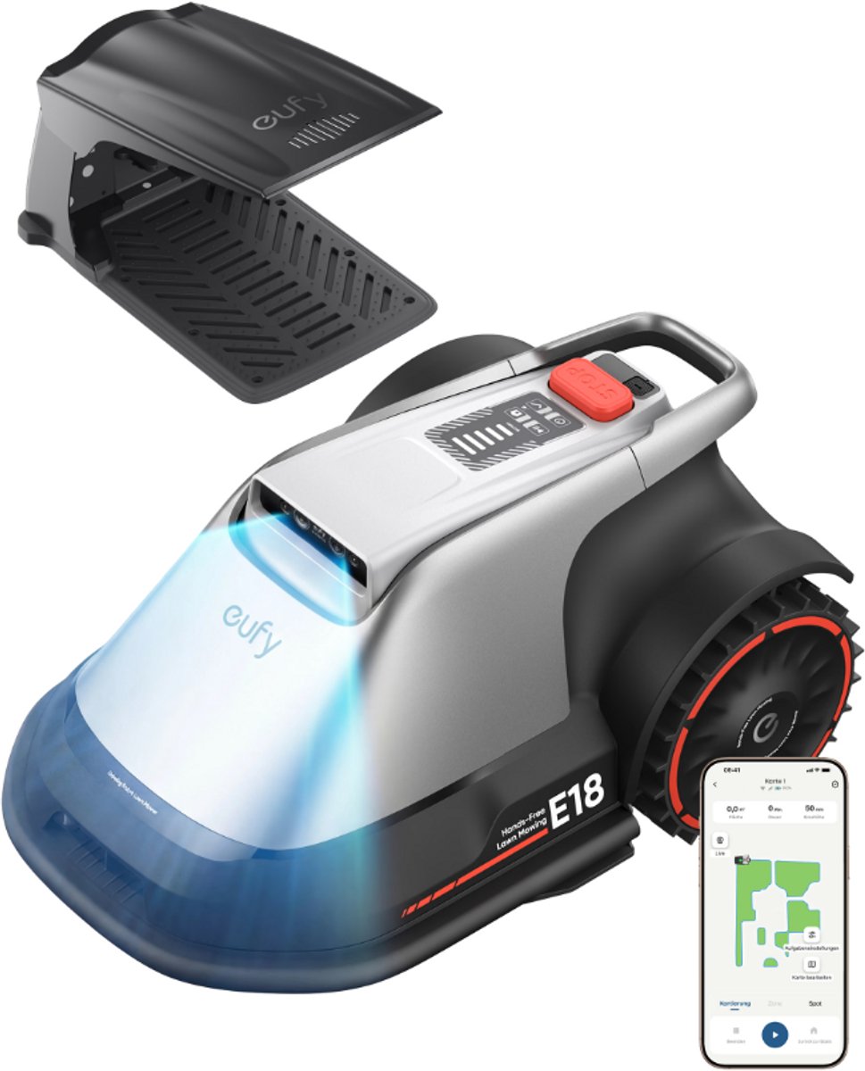 Robot tondeuse Eufy e18 - sans fil - sans RTK - aucun problème de signal - configuration en 5 minutes - cartographie automatique jusqu'à 1200 m2 - évitement d'obstacles - bord autoporté - contrôle via application - avec housse de pluie