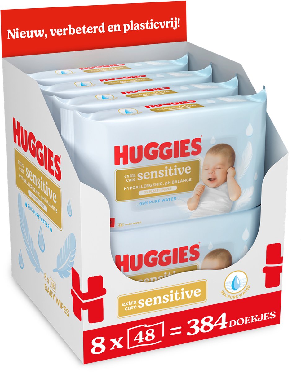 Lingettes pour bébé Huggies - Extra Care Sensitive - 384 lingettes pour bébé (8 x 48 pièces) - 100 % sans plastique