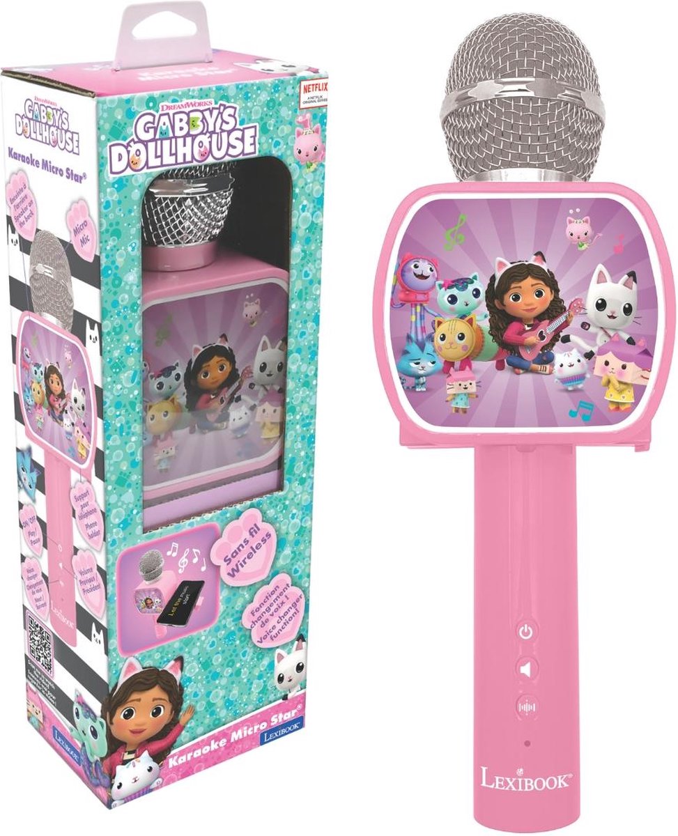 Lexibook Gabby's Dollhouse Microphone sans fil avec haut-parleur, changeur de voix, support de téléphone extensible et option Bluetooth
