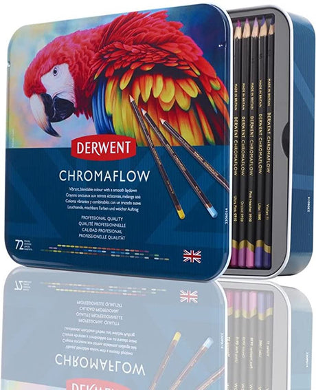 Crayons de couleur Derwent Chromaflow dans une boîte métallique - lot de 72 crayons à mine souple - assortis